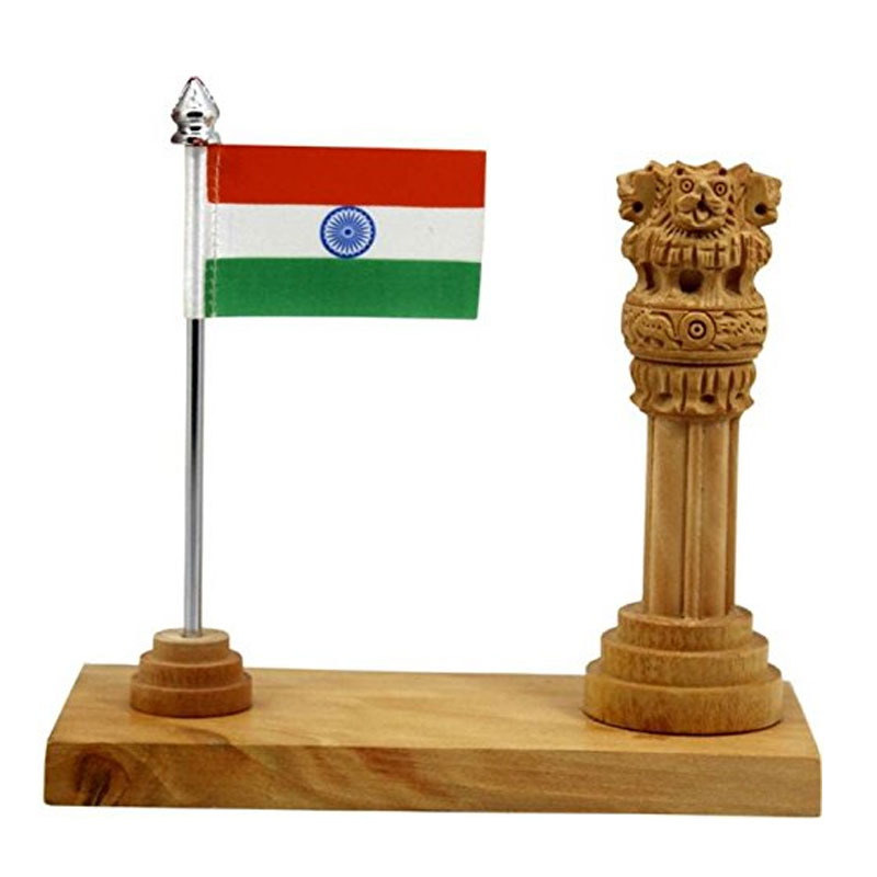 Wooden Ashoka Pillar & India Flag Table Piece